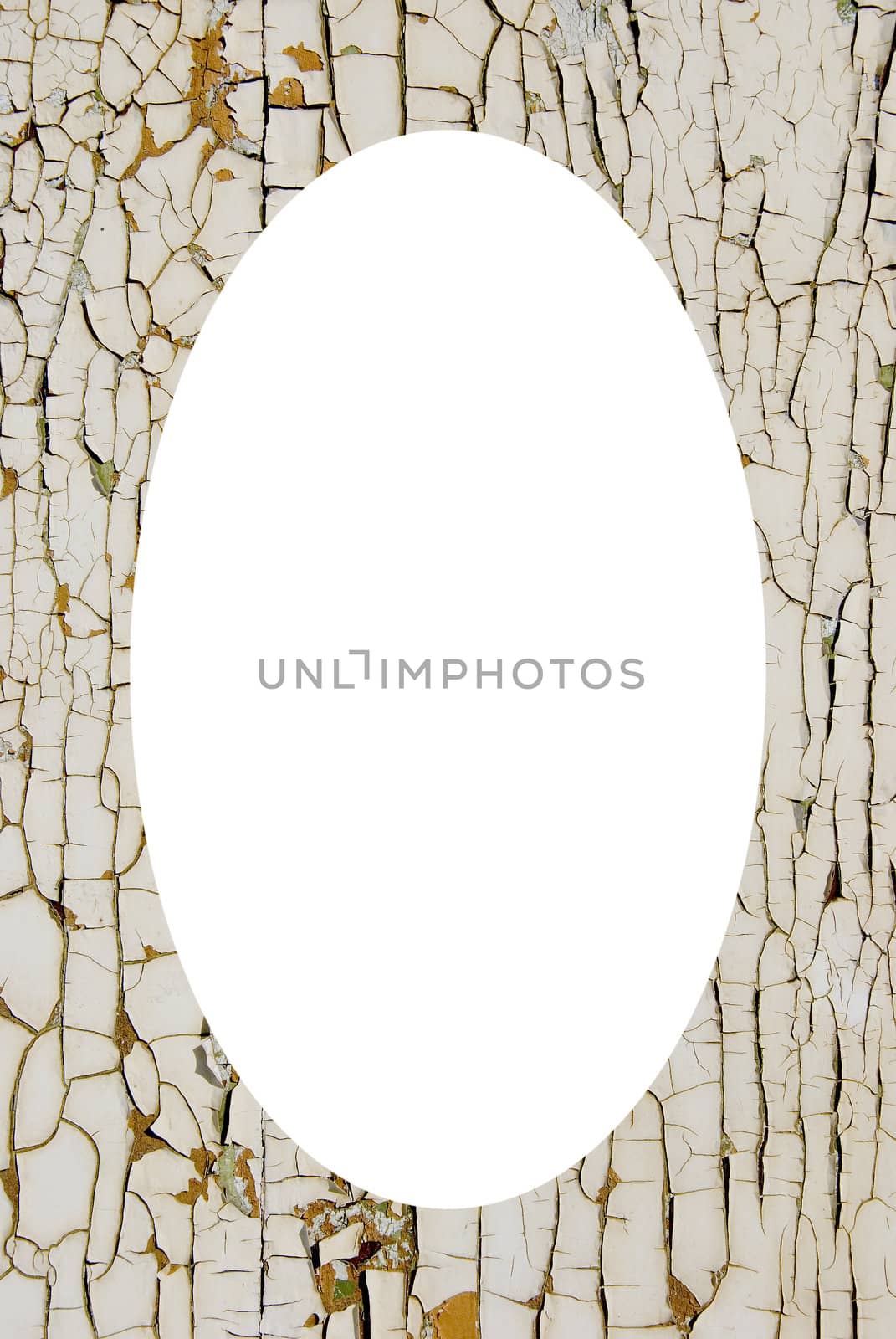 Details of old loosing white paint wall background. Isolated white oval place for text photograph image in center of frame.