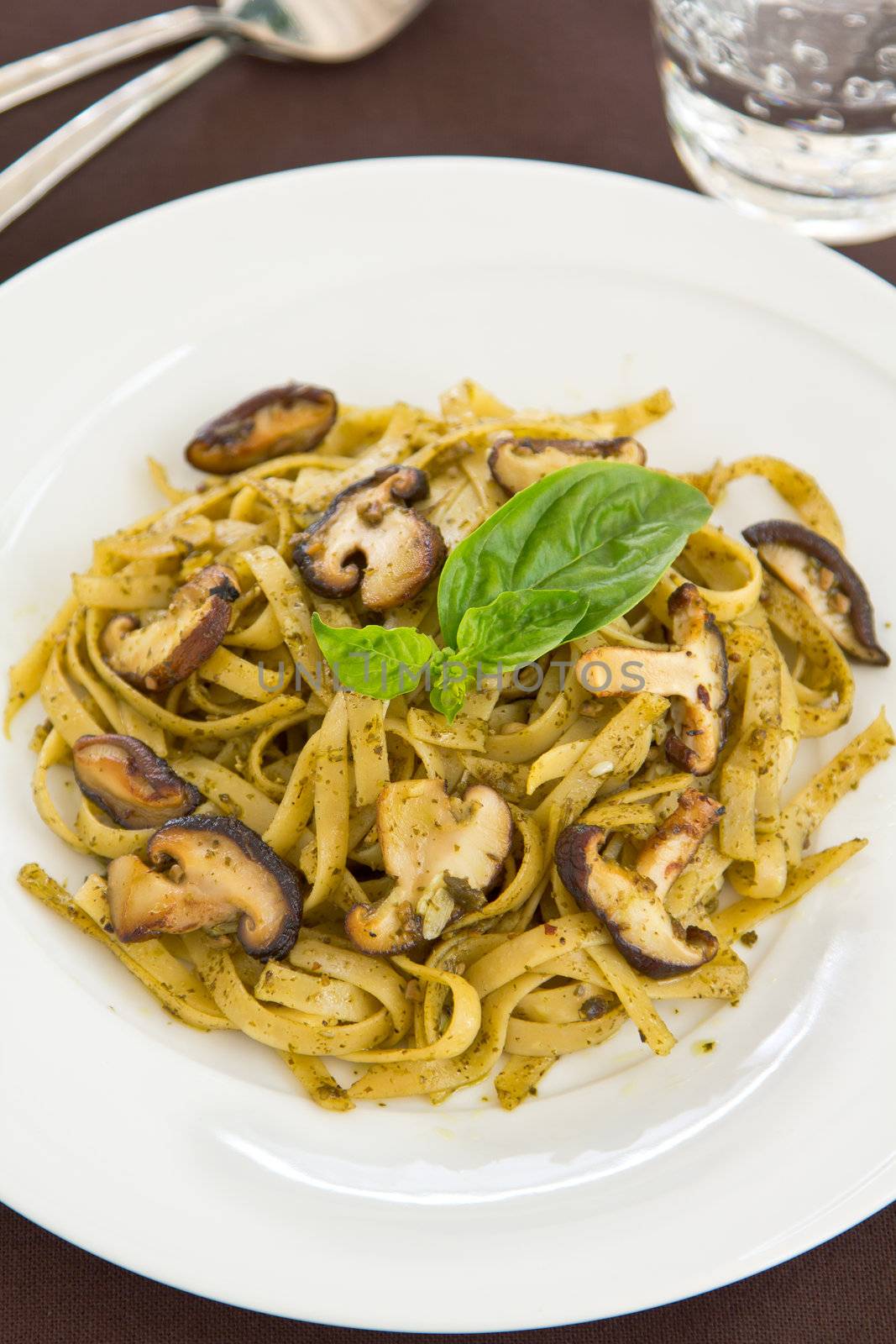 Fettuccine and mushroom with pesto sauce by vanillaechoes