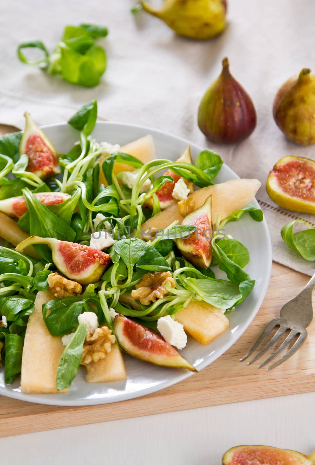 Fig,Cantaloupe with Goat cheese and walnut salad