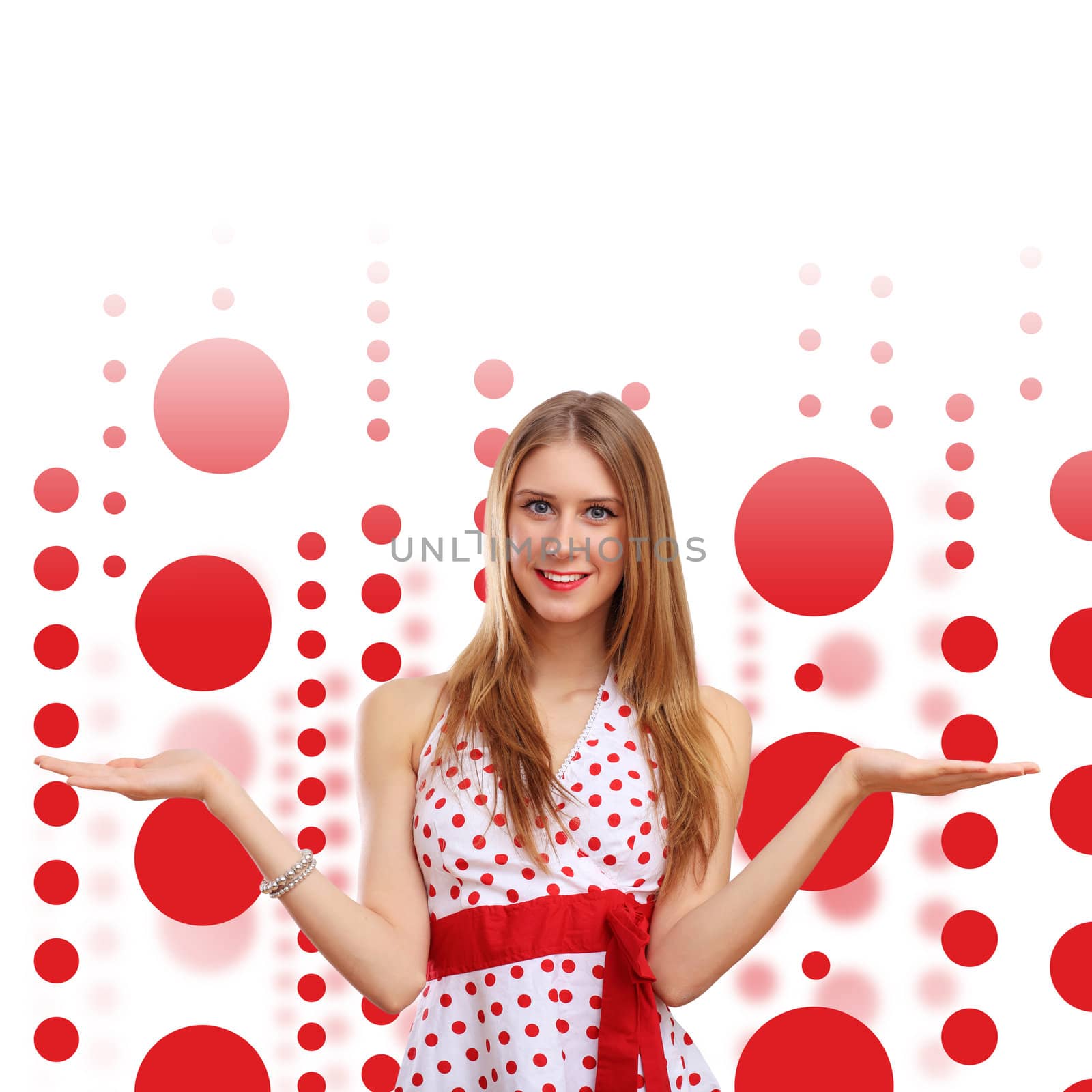 Young blond woman in red dress with red circles around