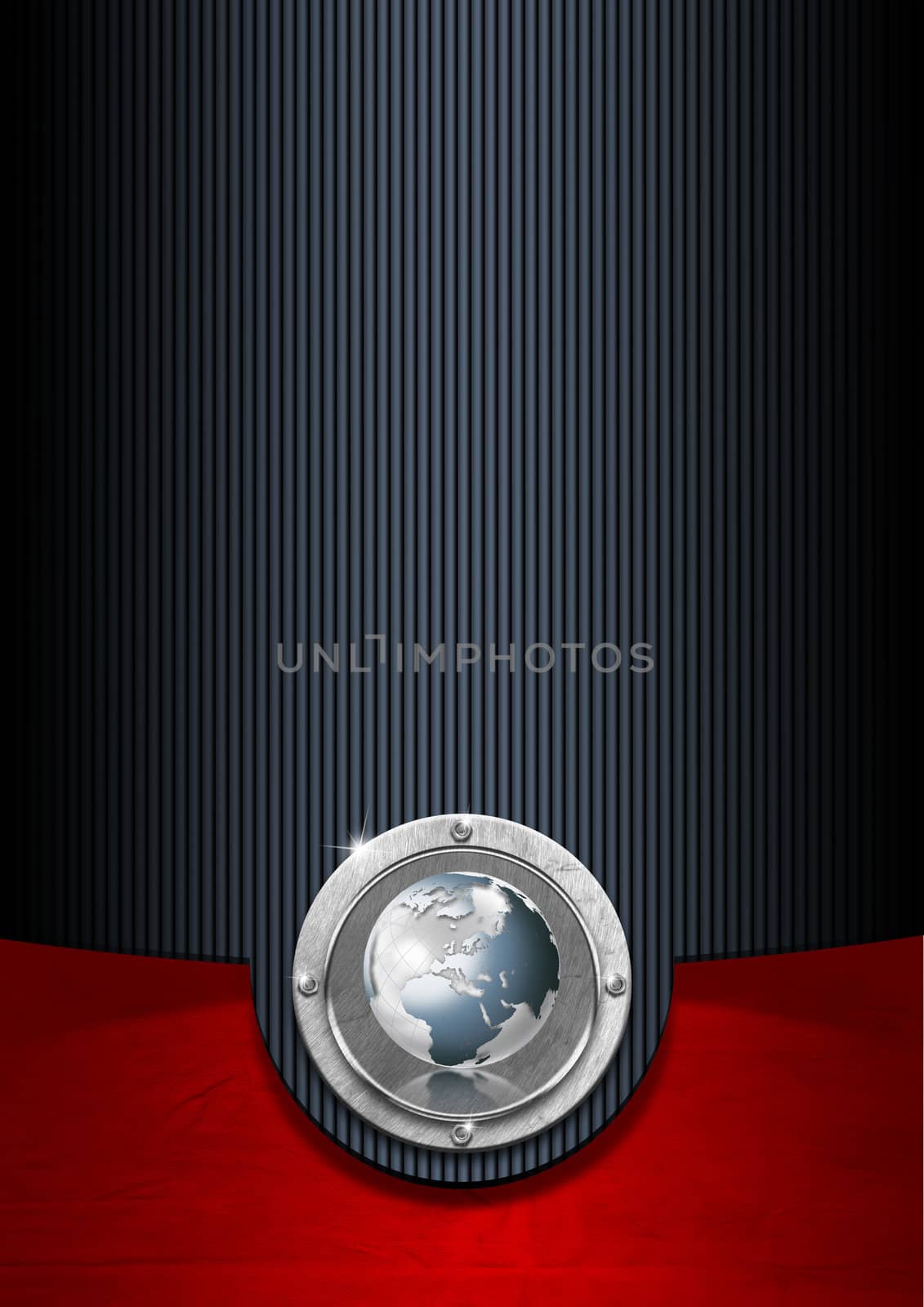Blue black and red business background with metal plate and globe
