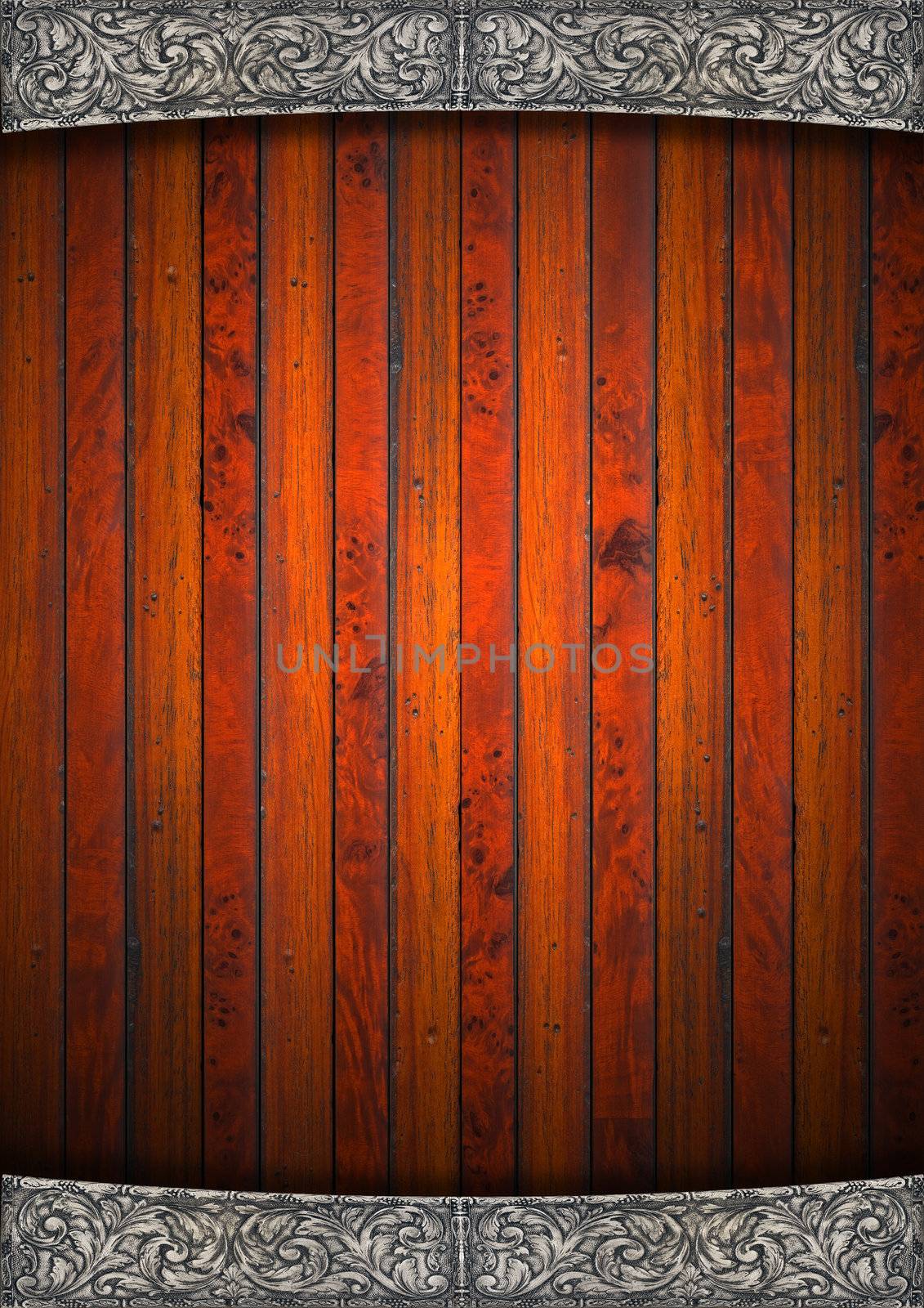 Wood and metal vintage background with silver decoration
