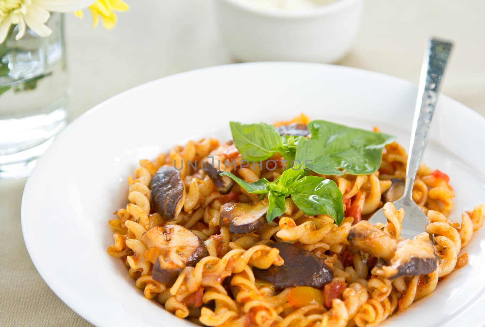 Fusili with mushroom in tomato sauce by vanillaechoes