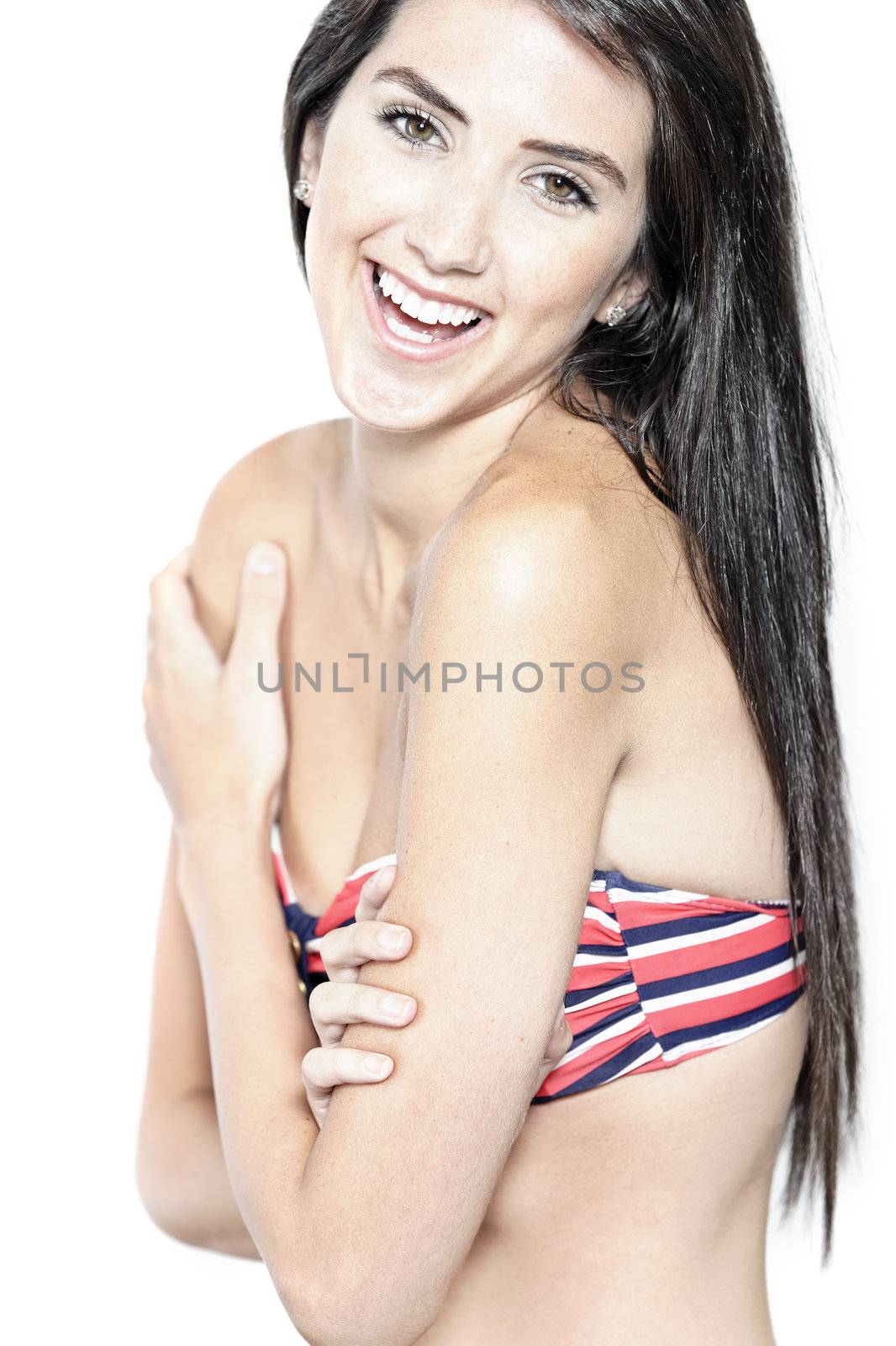 Beautiful sexy woman in red striped bikini smiling and cheerful