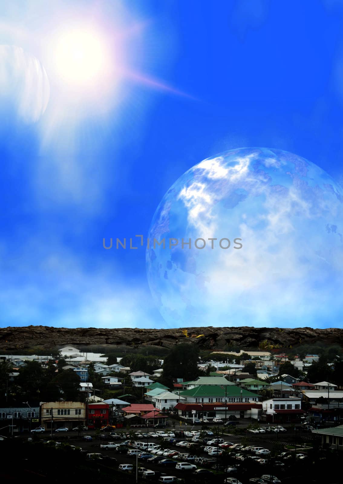 Shopping district on an alien planet with moons and sun in sky.  Photography and digital illustration.