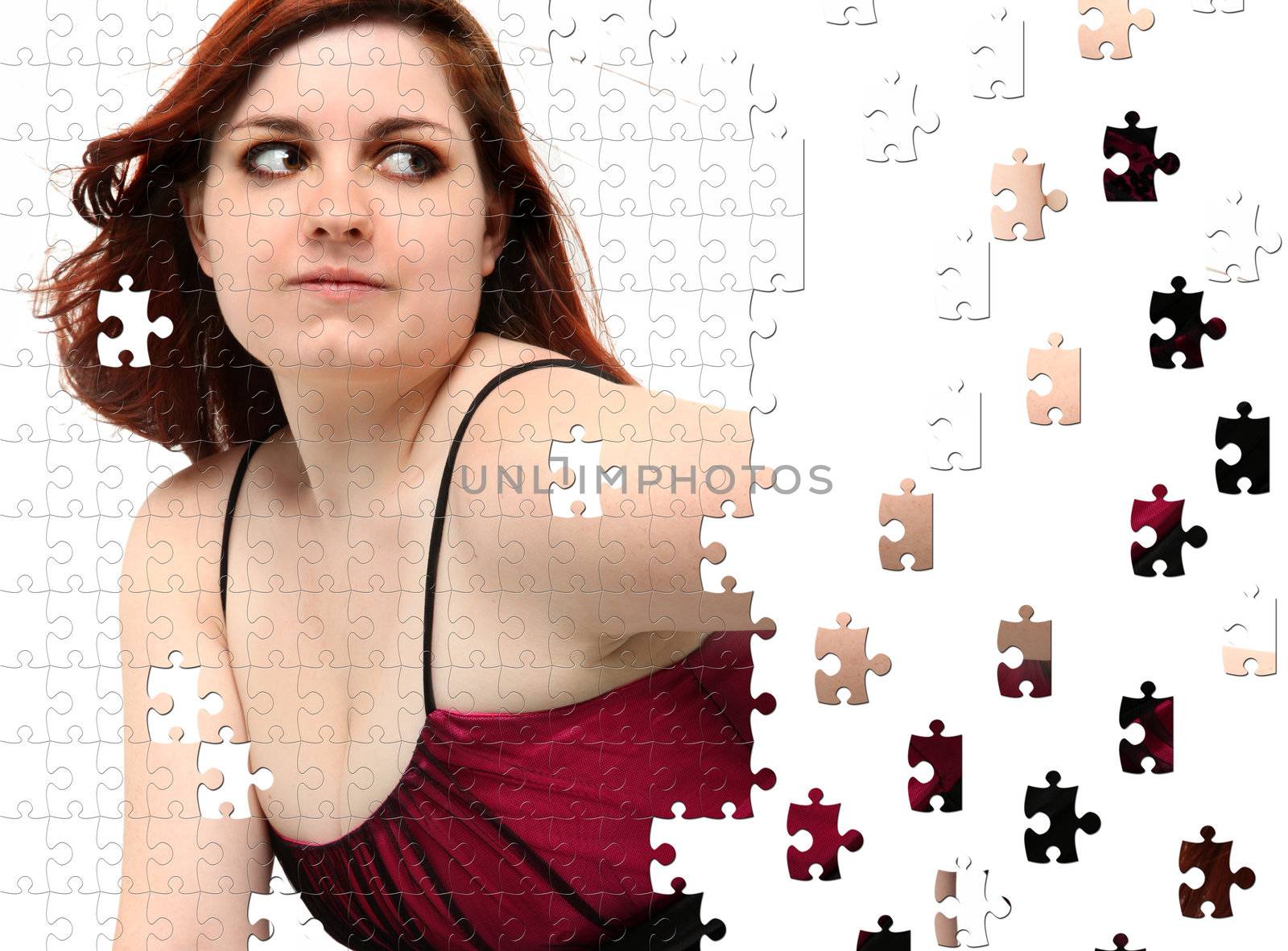 Teen girl in prom dress puzzle over white.