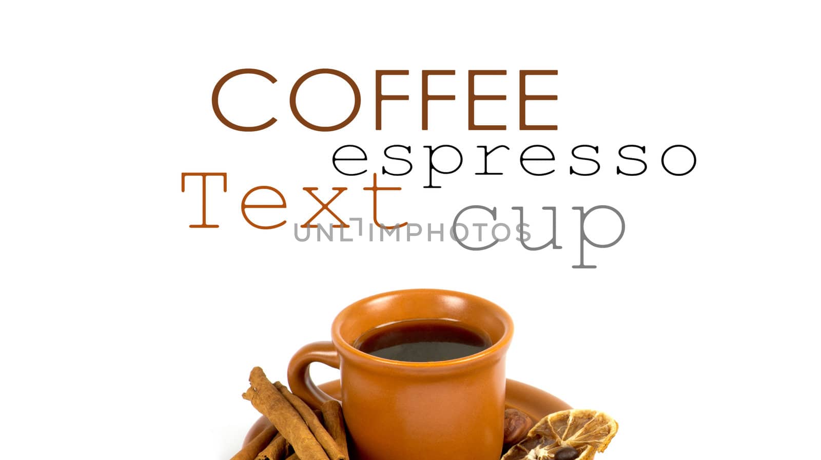Cup of coffee with ingredients on a white background