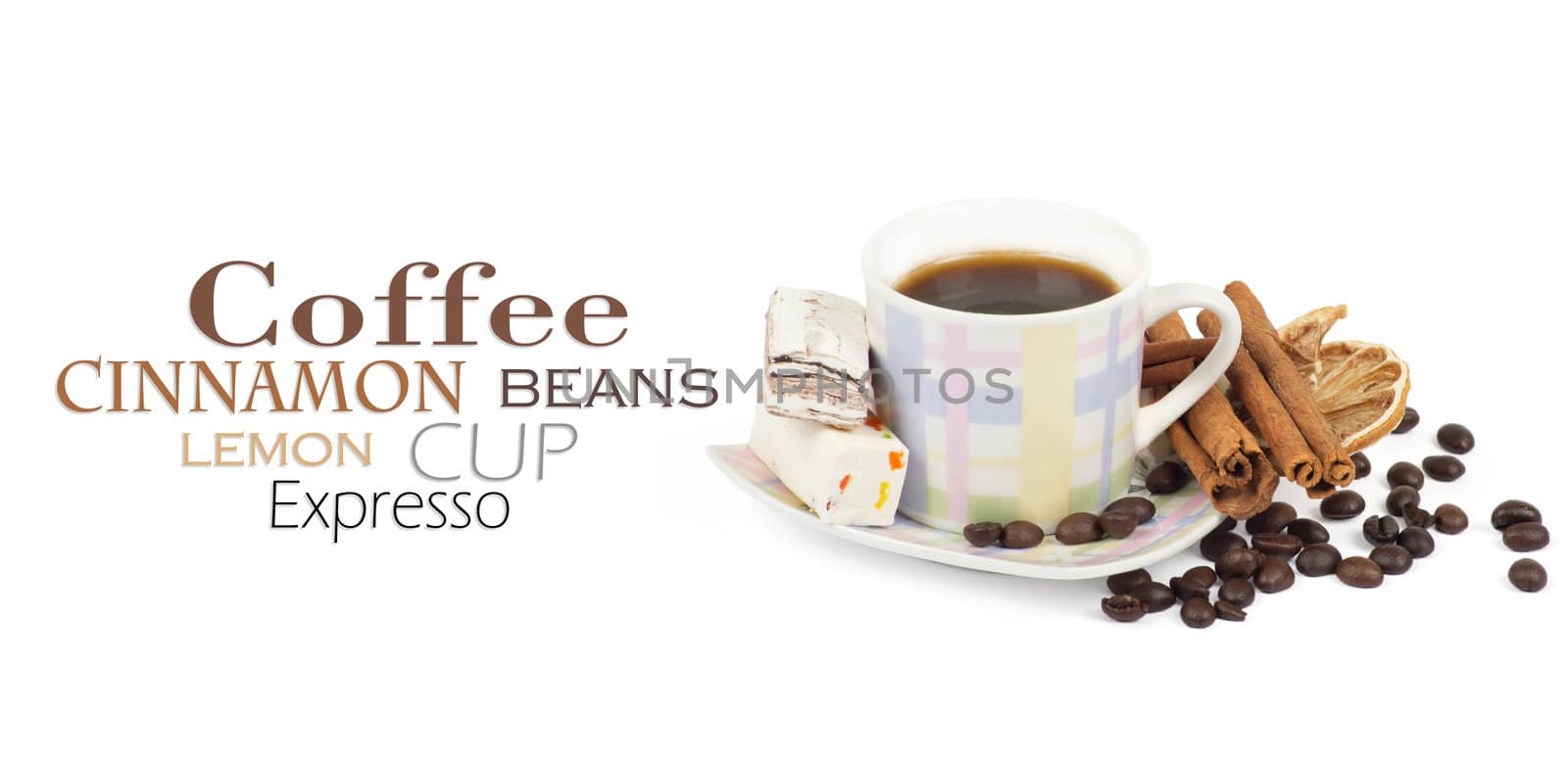 Cup of coffee with ingredients on a white background