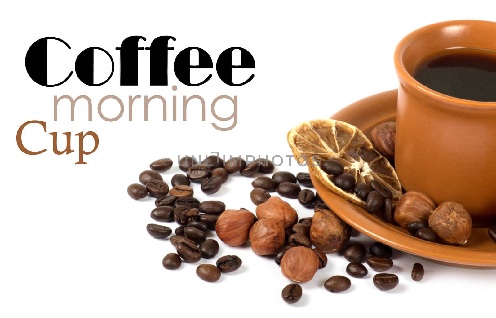 Coffee with ingredients on white background