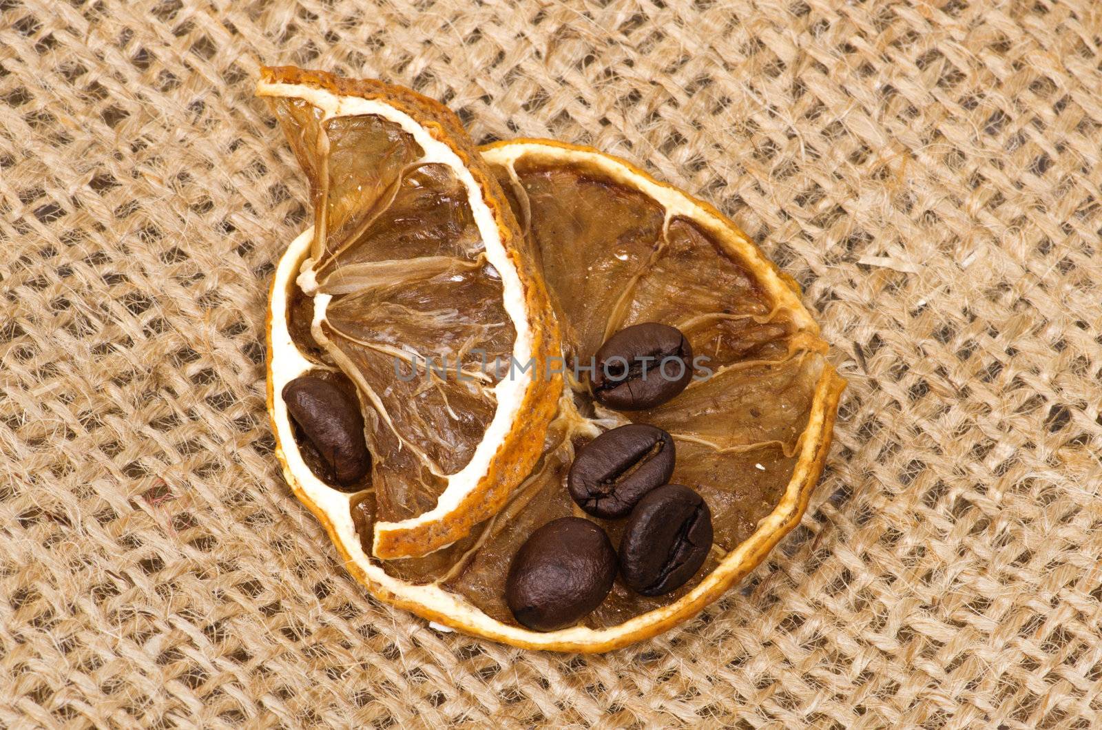 lemons and coffee beans on burlap