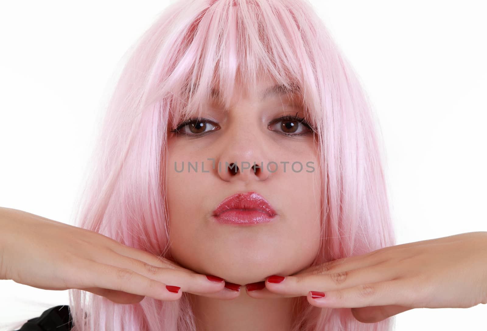 Young woman with pink hair having fun