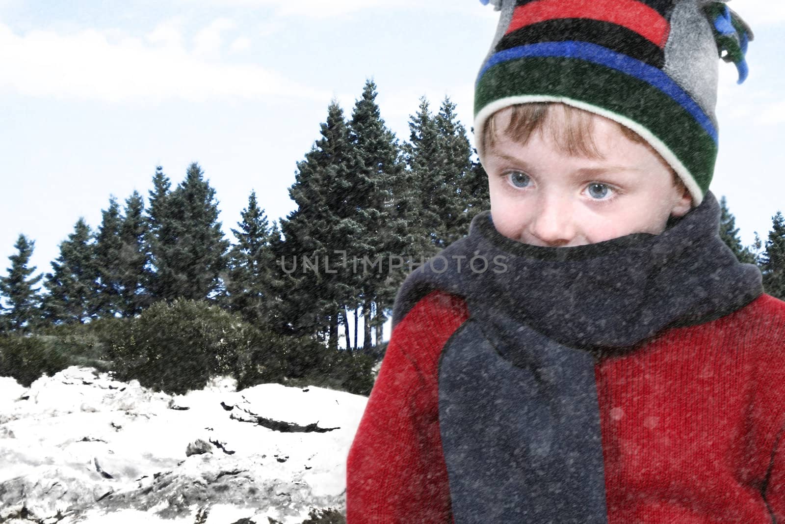 Happy Boy in Winter Clothes at Lake Park in Snow by duplass