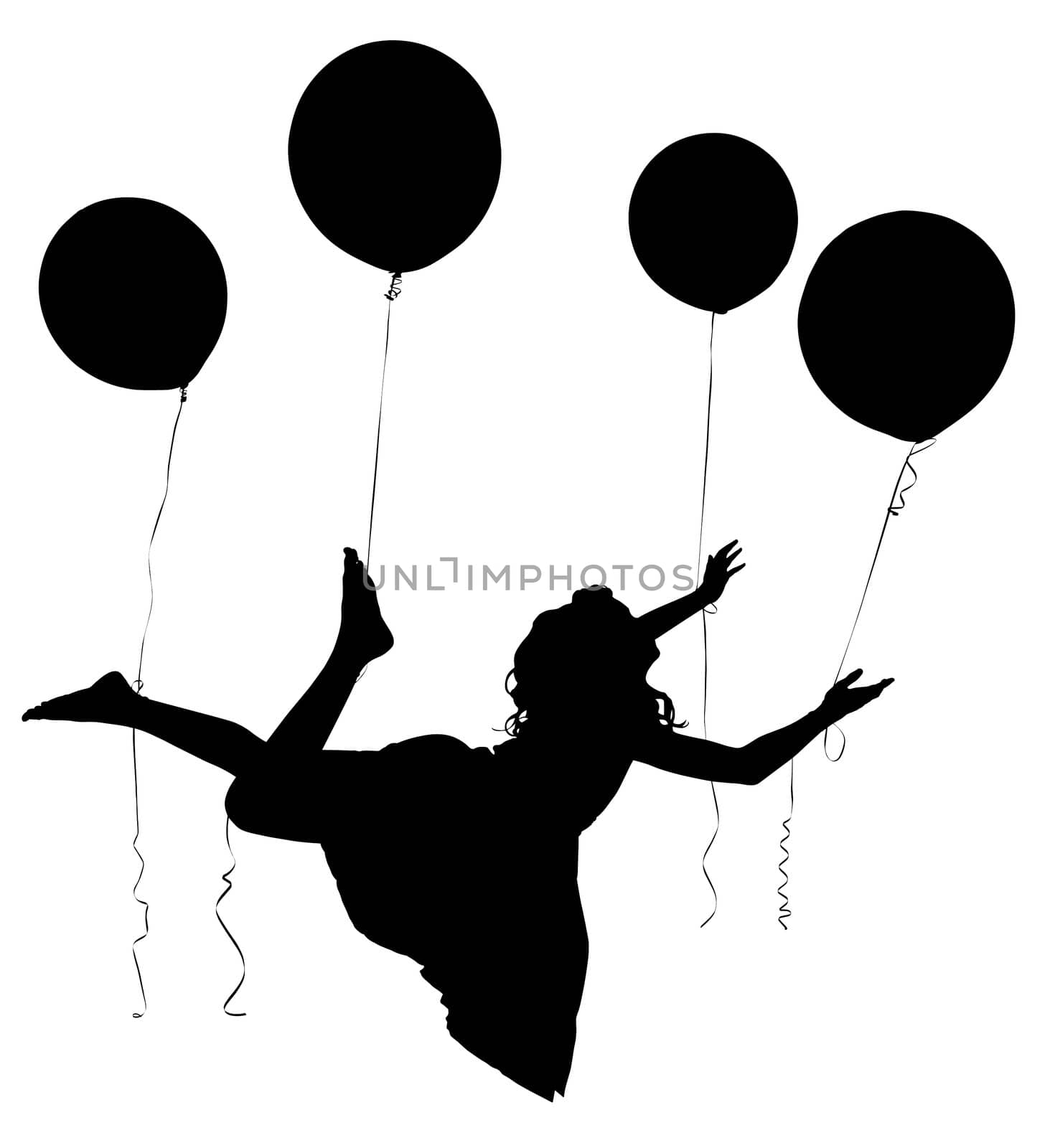 Silhouette of girl child in dress floating away on baloons with clipping path.