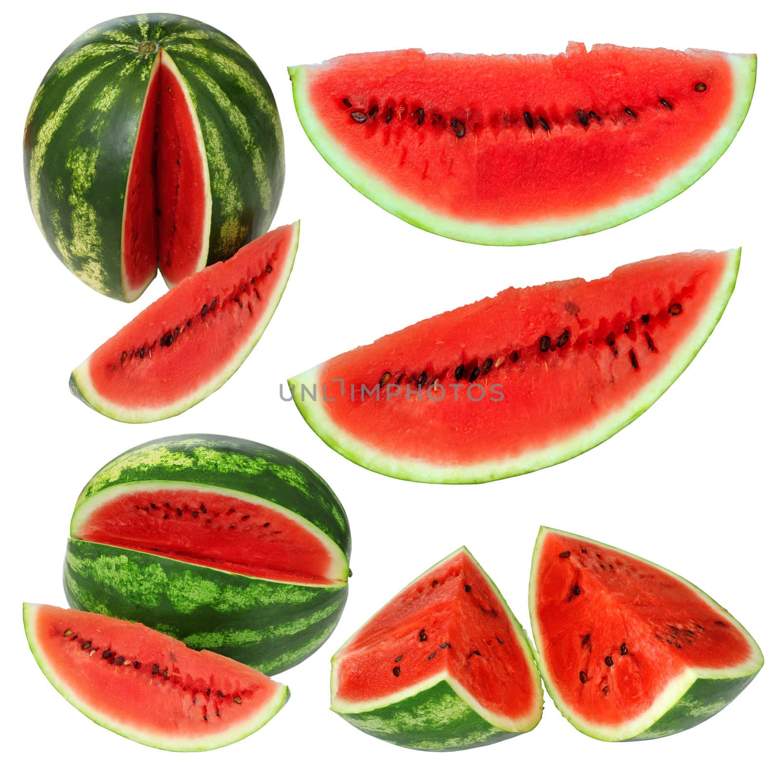 Set fresh watermelon and slices isolated on a white background