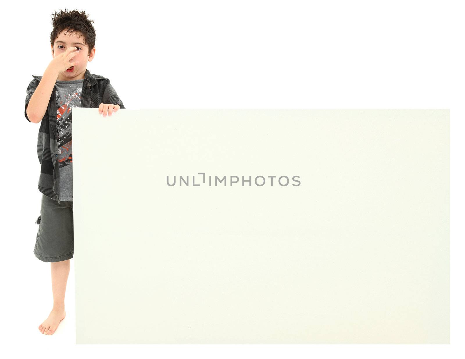 Boy with Stinky Face Expression Holding Blank Sign by duplass