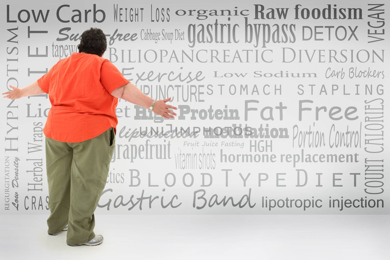 Overwhelmed obese woman looking at list of fad diets and surgical weight loss methods  written on wall.