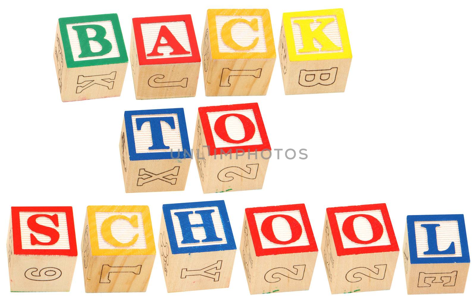 Colorful alphabet blocks spelling the words Back To School.