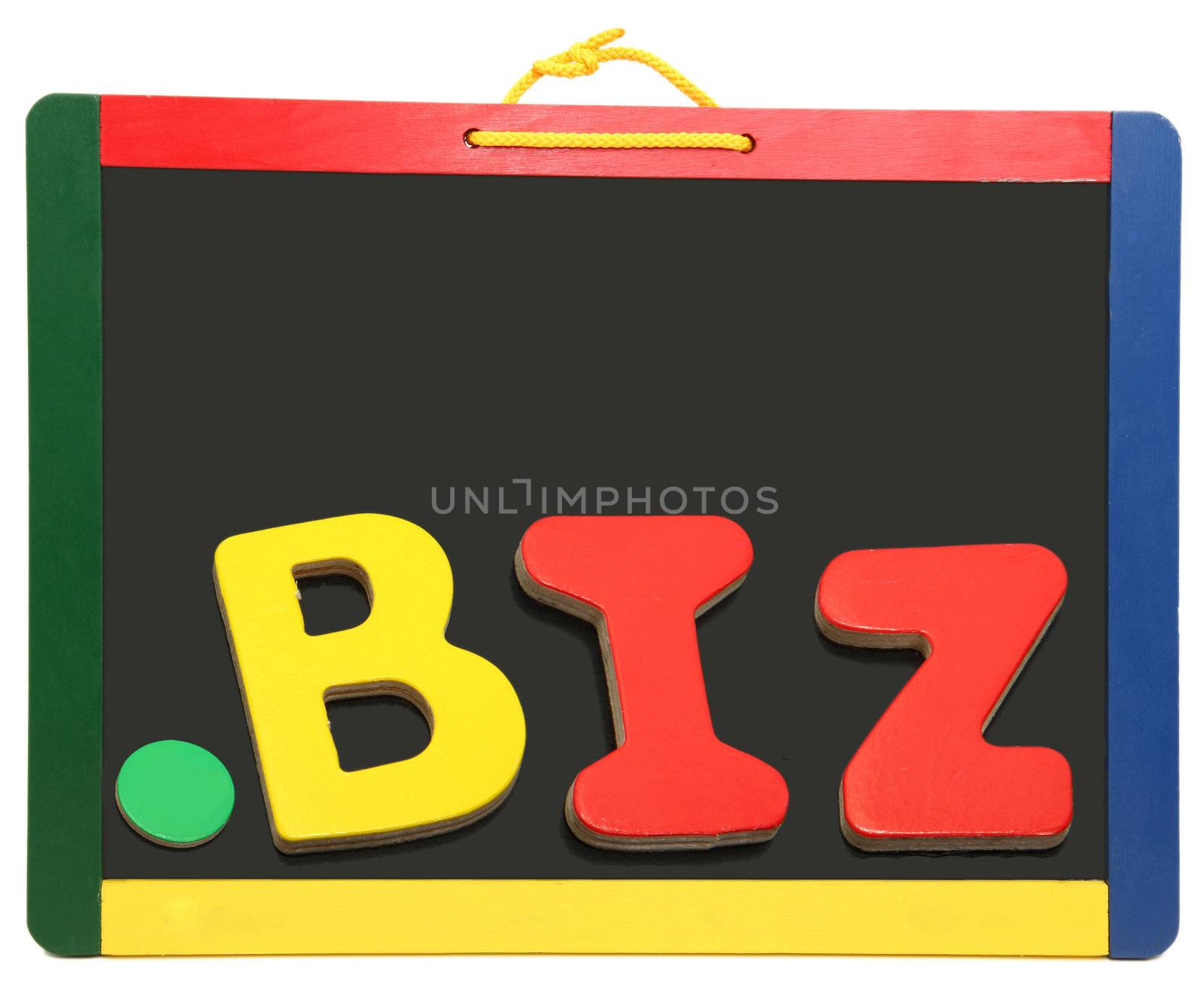 Top level domain Dot BIZ spelled out on chalkboard with wooden letters