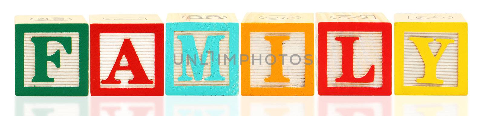 Colorful alphabet blocks spelling the word family.