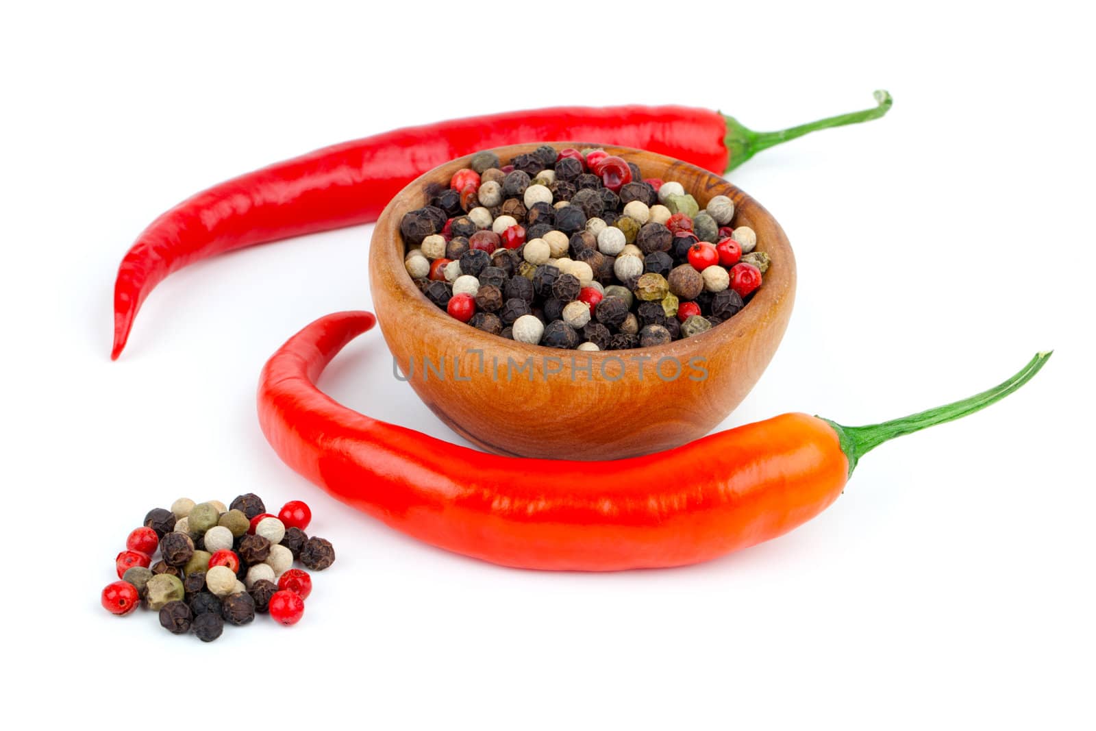 Red chili pepper and Colored Peppers Mix, isolated on white background