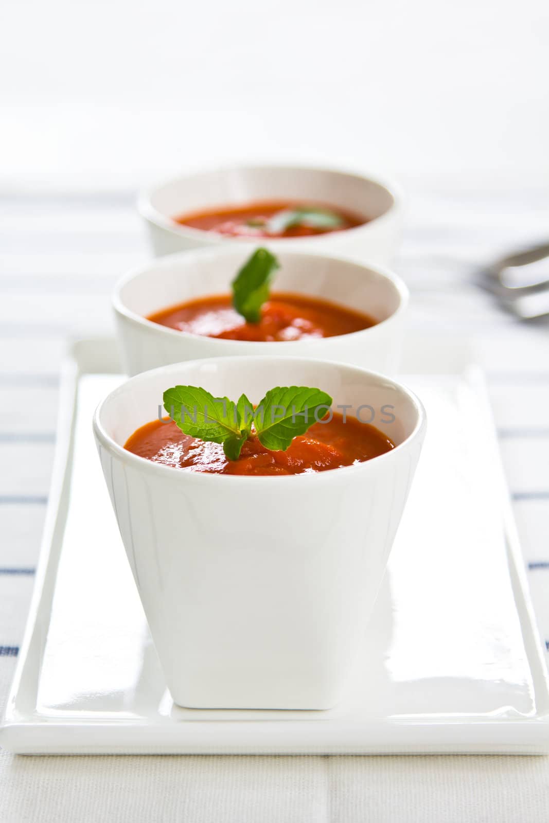 Tomato soup with basil in cups