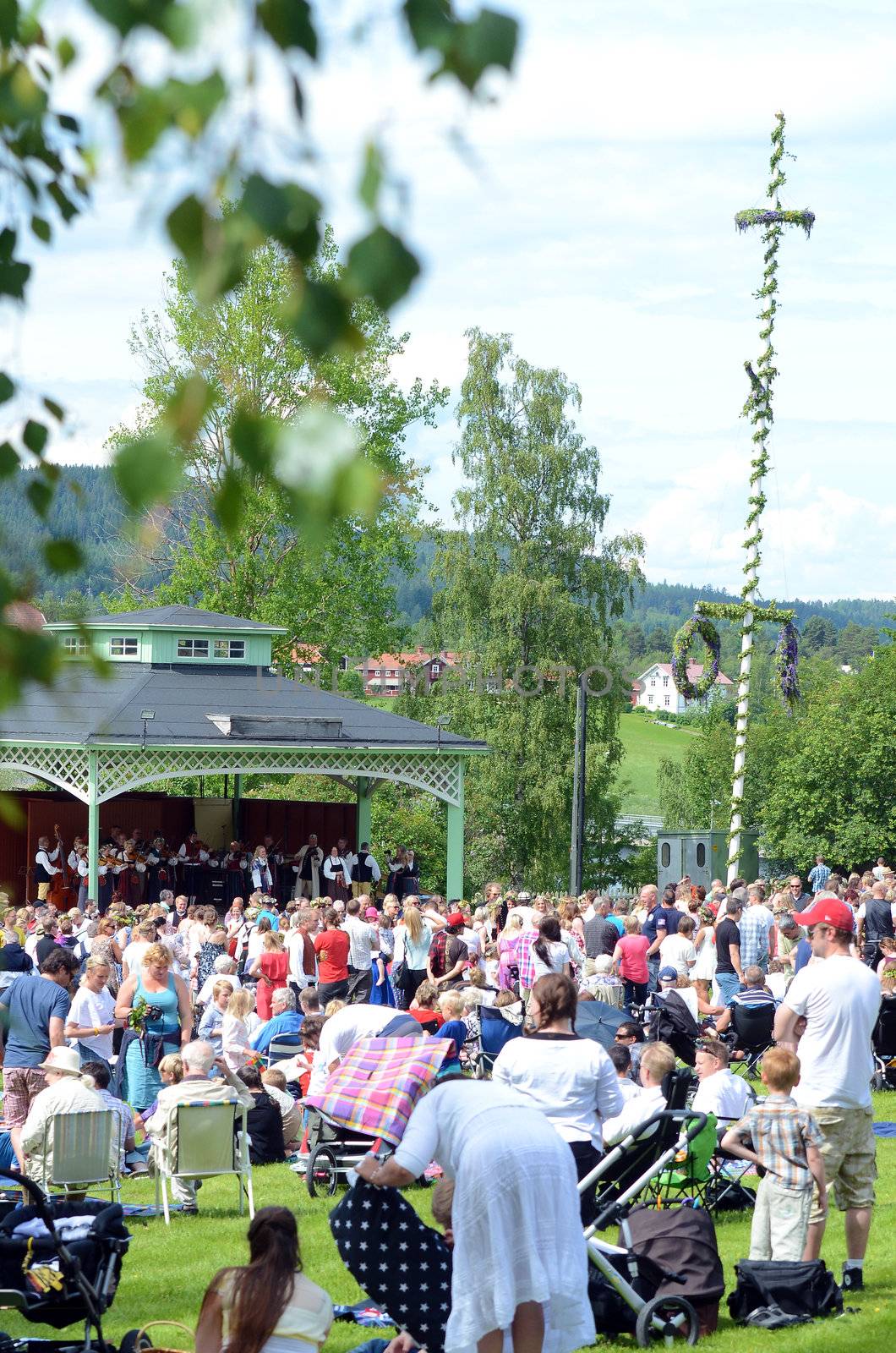 People celebrating Midsummer's Eve in Järvsö Sweden