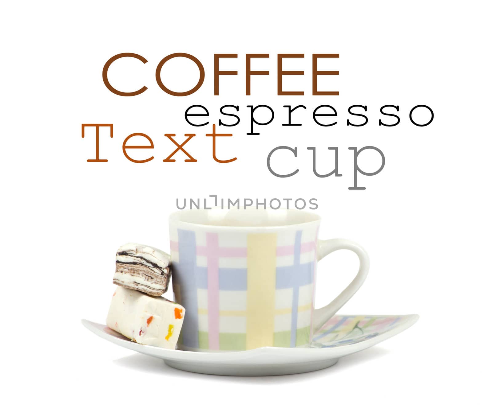 Coffee cup with sweets on white background