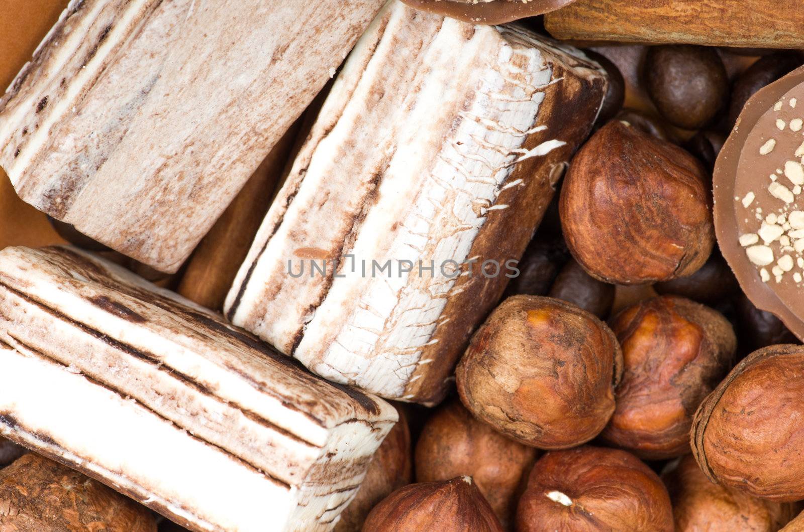 coffee beans, cinnamon and nuts background