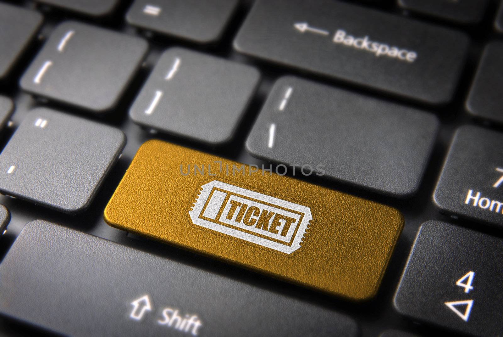 Buy entrance online key with ticket icon on laptop keyboard. Included clipping path, so you can easily edit it.
