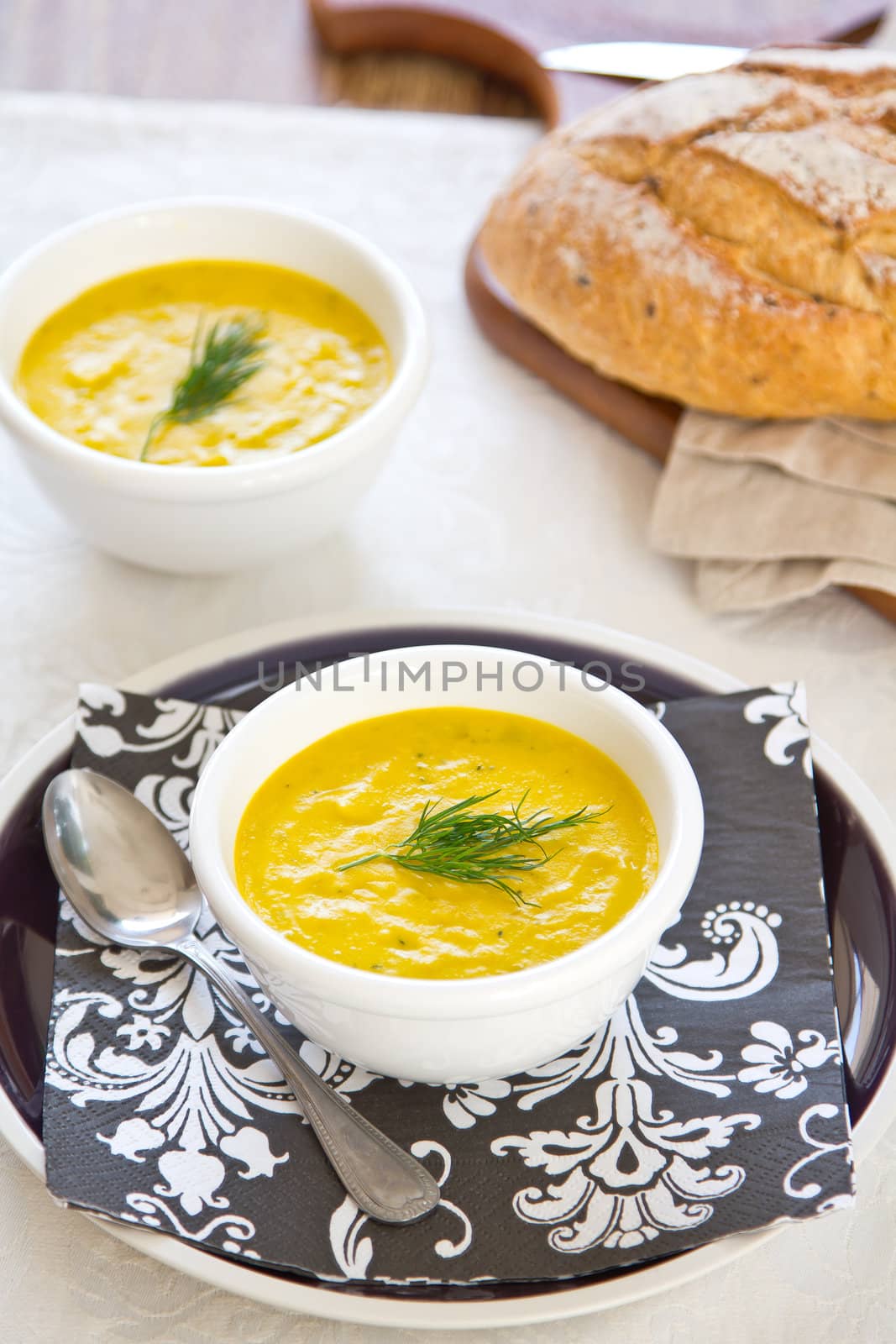 Pumpkin soup by wholemeal bread