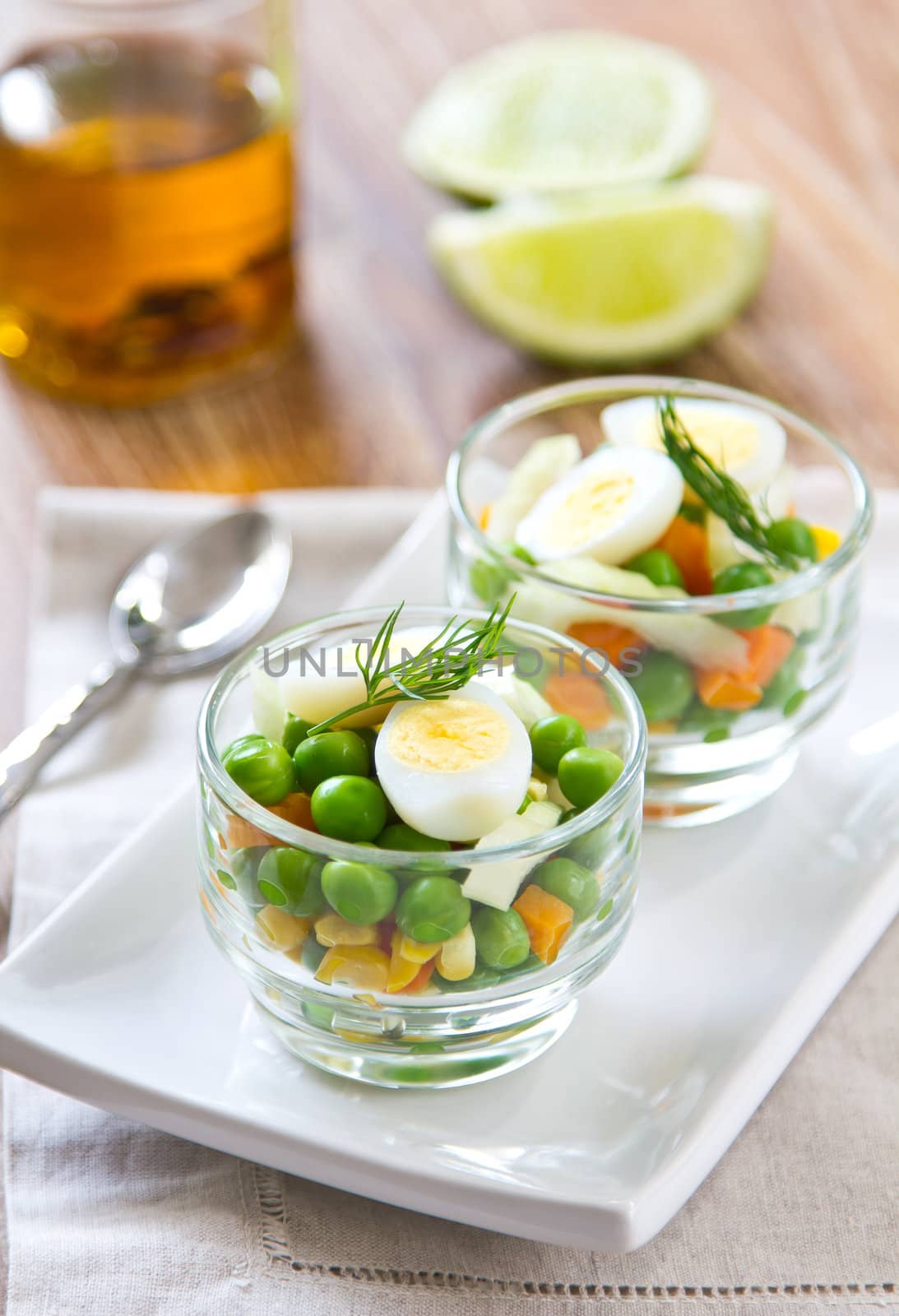 Qail egg with pea,corn and carrot salad