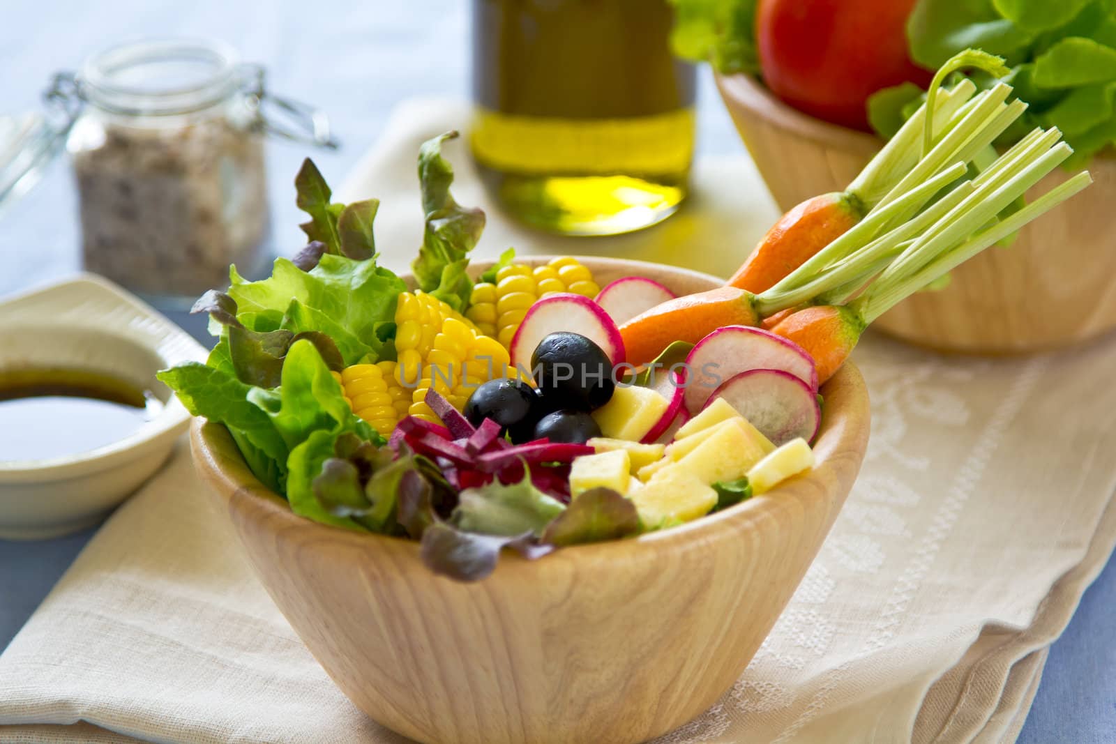 Sweetcorn with lettuce,beetroot,radish, cheese ,baby carrot and olive salad