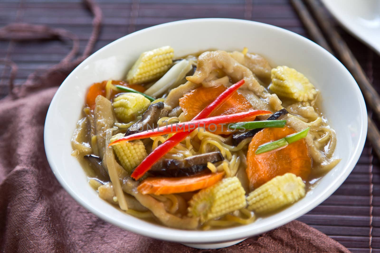 Egg noodle with Chicken,mushroom,baby corn,carrot ,bamboo shoot and spring onion in gravy sauce