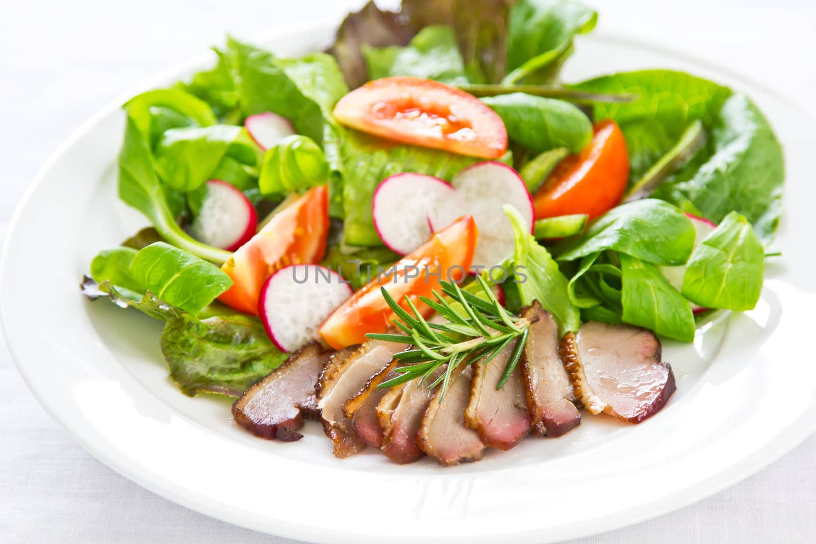 Smoked duck with lettuce,field salad,tomato and rosemary salad