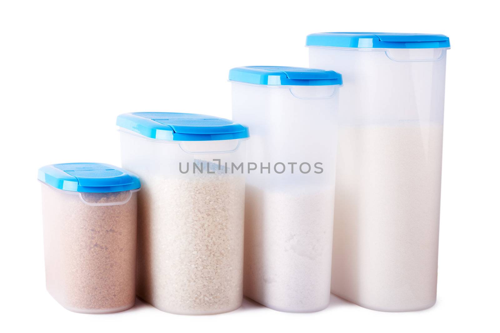 Four plastic containers for dry food isolated over white background