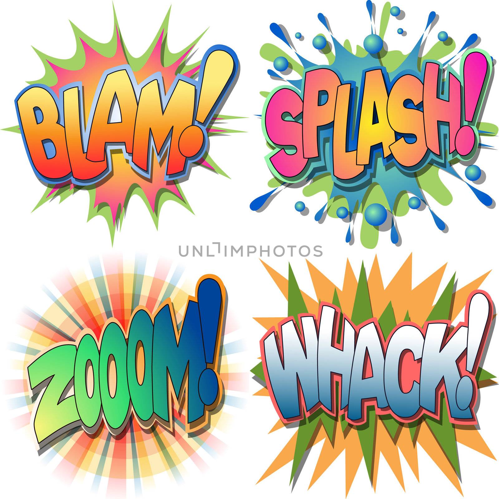 
A Selection of Comic Book Exclamations and Action Word Illustrations,Blam, Splash,Zoom, Whack