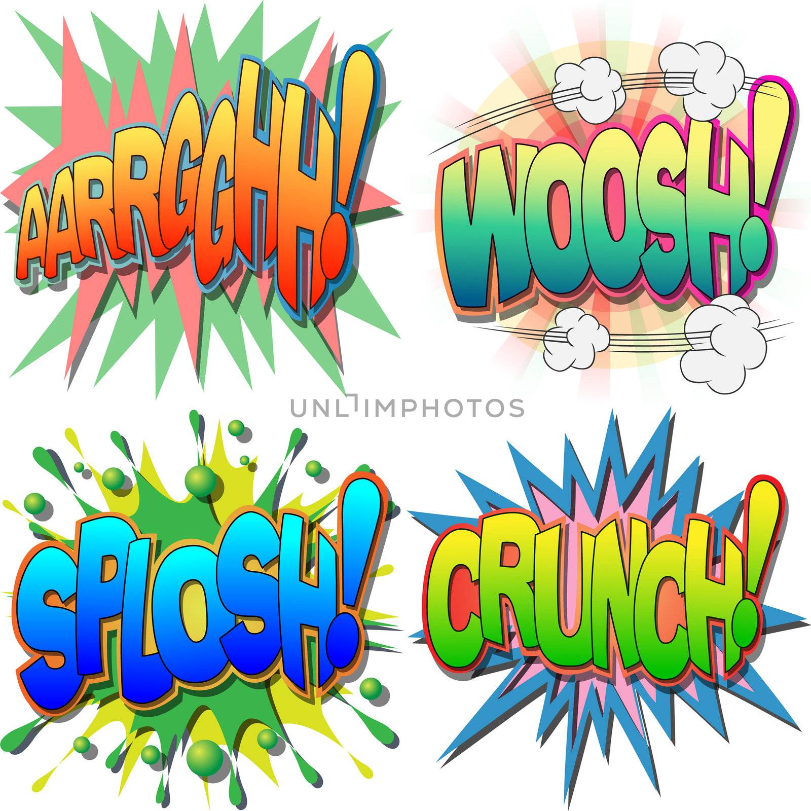 
A Selection of Comic Book Exclamations and Action Words, Argh, Woosh, Splosh, Crunch