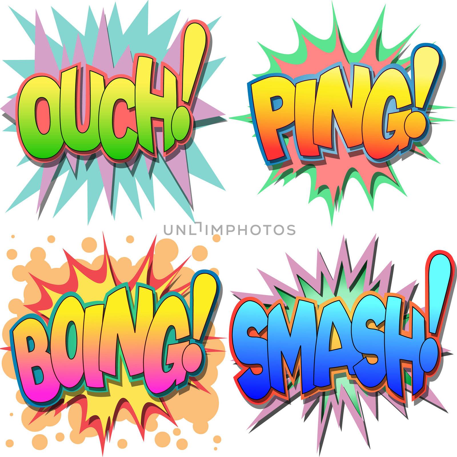 
A Selection of Comic Book Exclamations and Action Words, Ouch, Ping, Boing, Smash