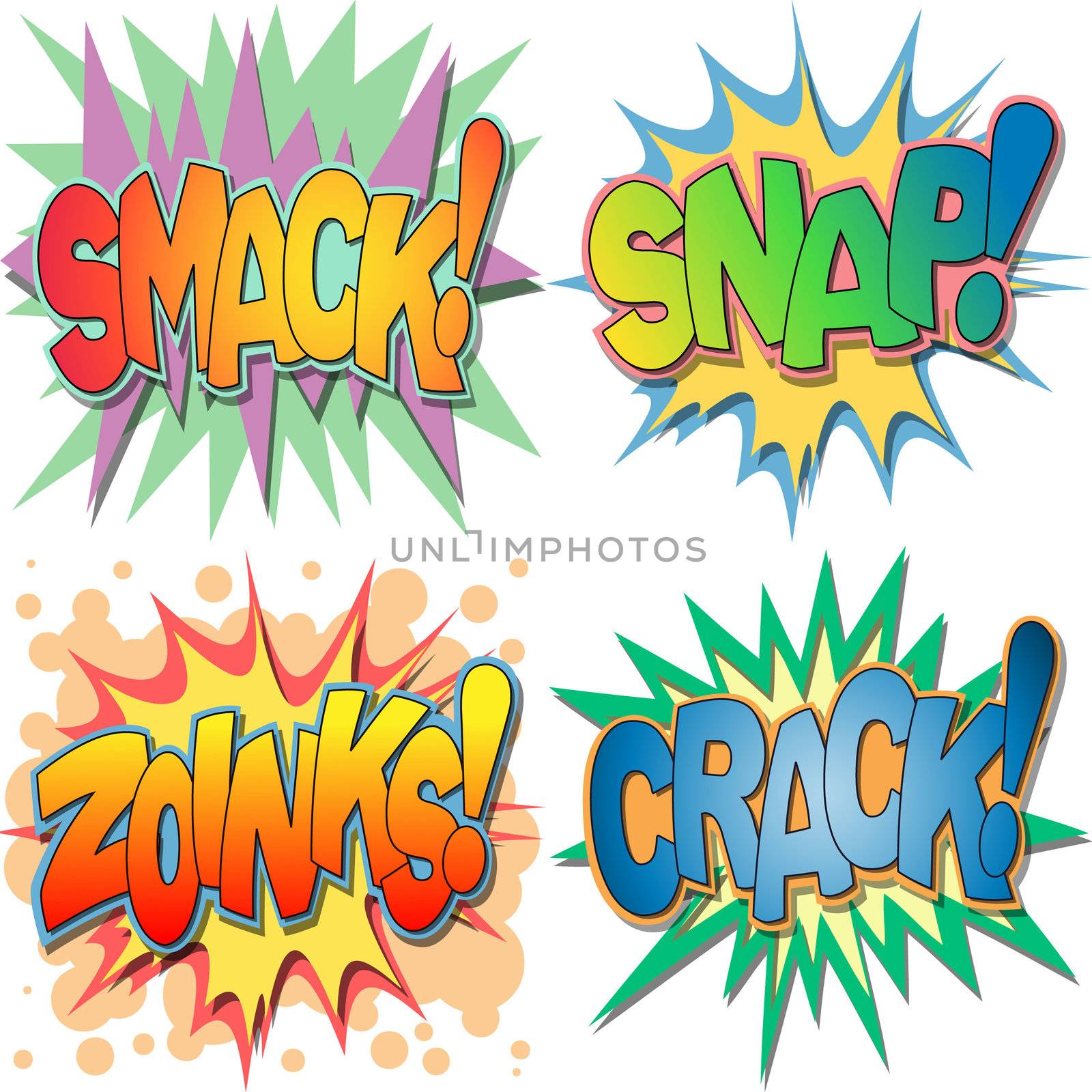 
A Selection of Comic Book Exclamations and Action Words, Smack, Snap, Zoinks, Crack.
