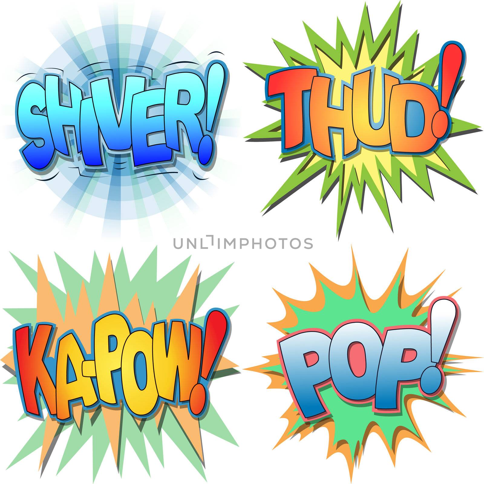 
A Selection of Comic Book Exclamations and Action Words, Shiver, Thud, Ka-pow, Pop.