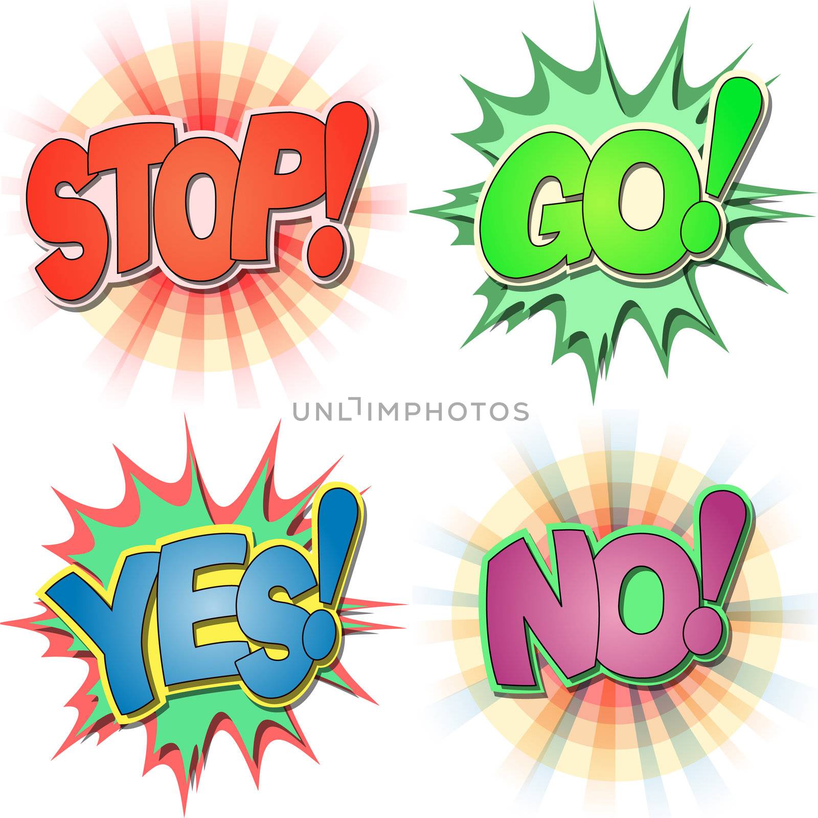 
A Selection of Comic Book Exclamations and Action Words, Stop, Go, Yes, No.