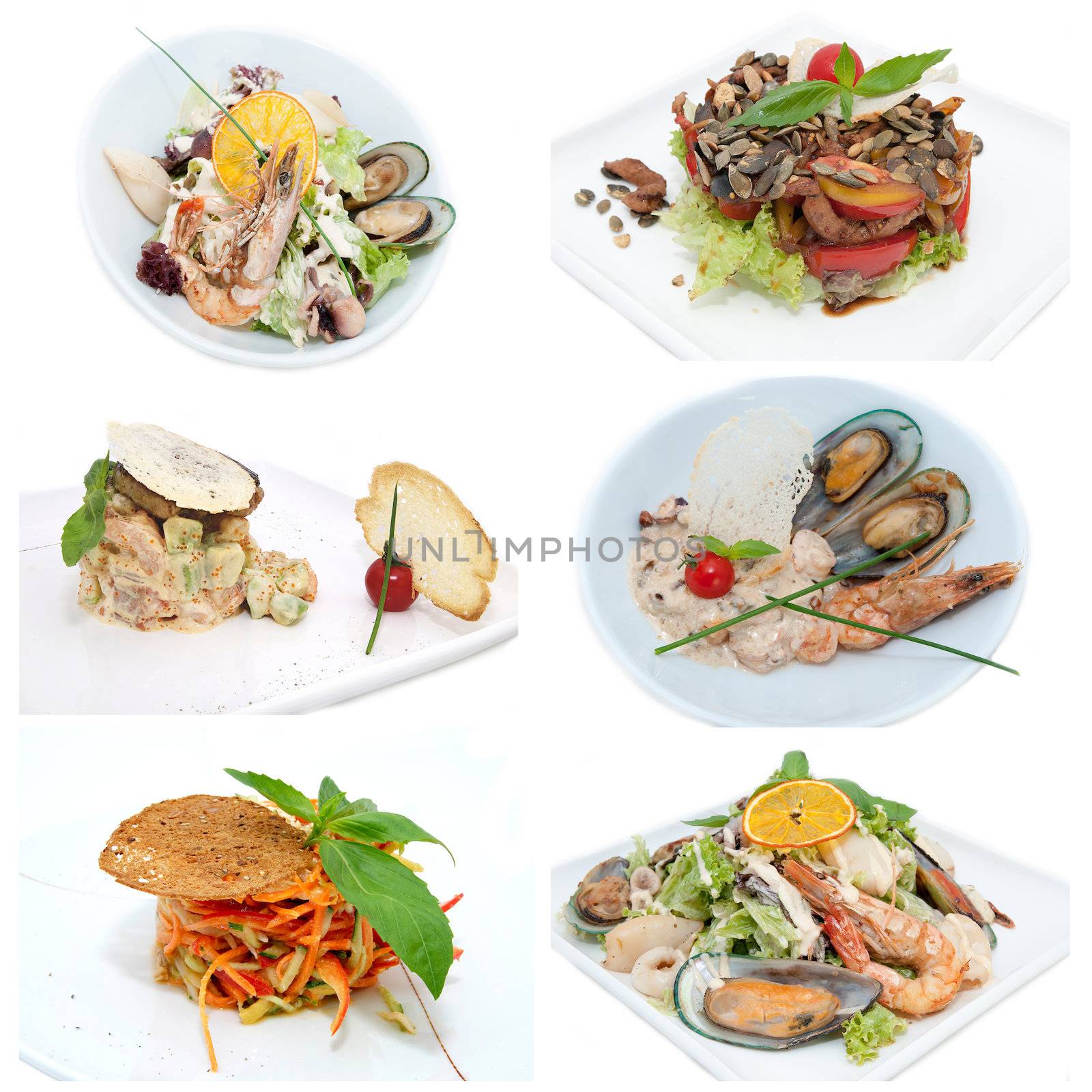 assortment of seafood salads and vegetables