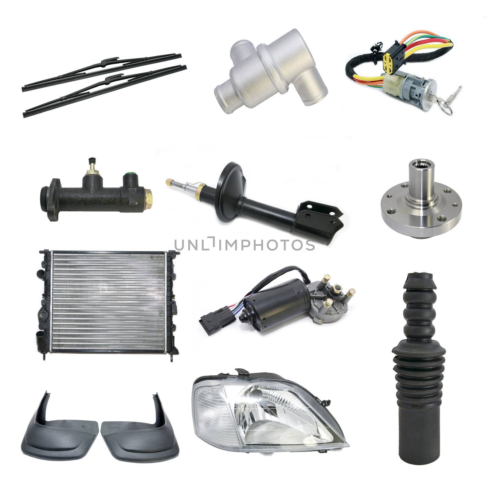 Set with car parts on a white background