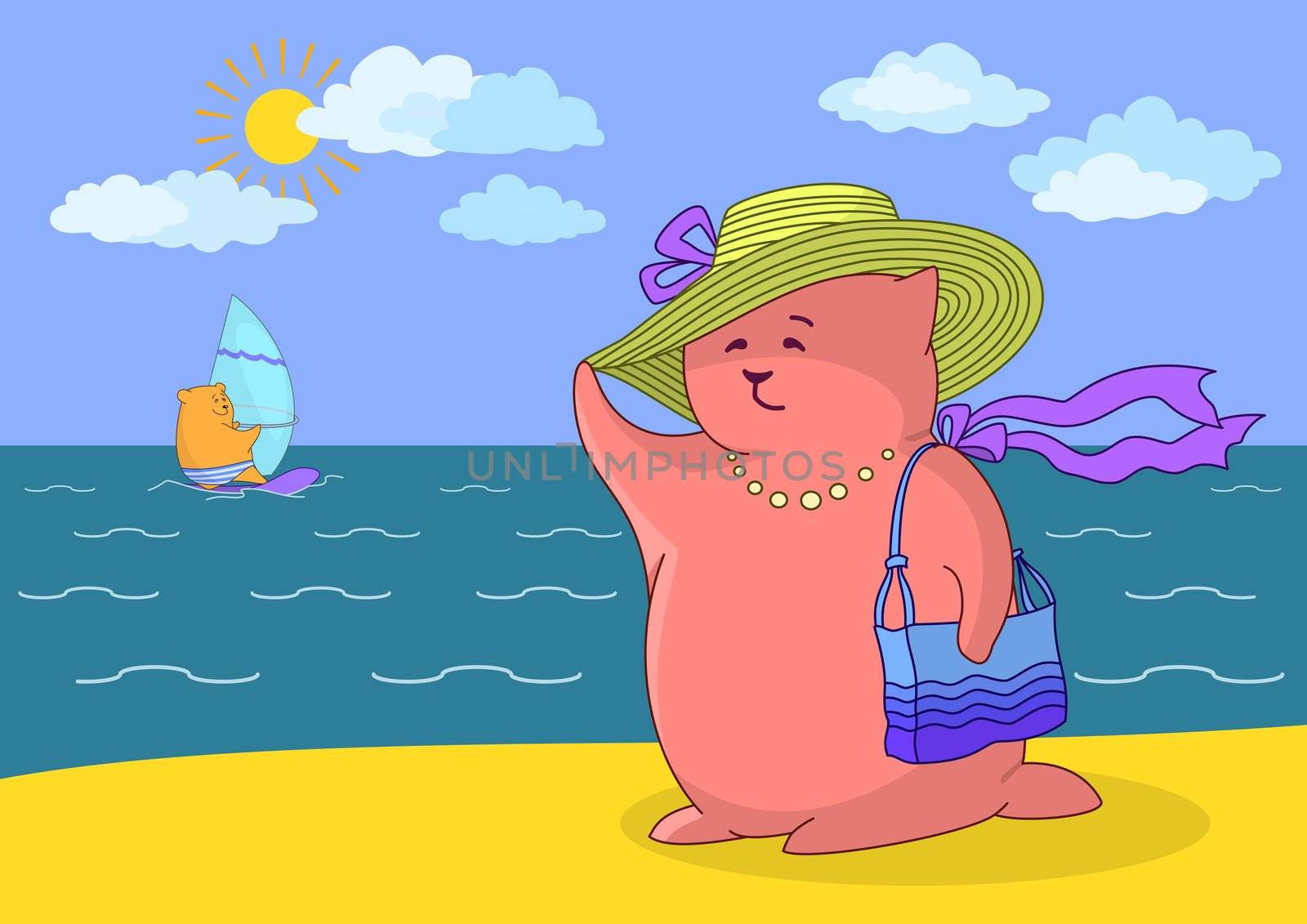 Cartoon, woman - a fantastic toy animal on the beach, swimming in the sea teddy bear � surfer