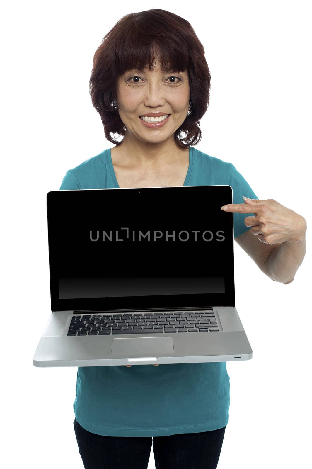 Saleswoman presenting you brand new laptop. All on white background