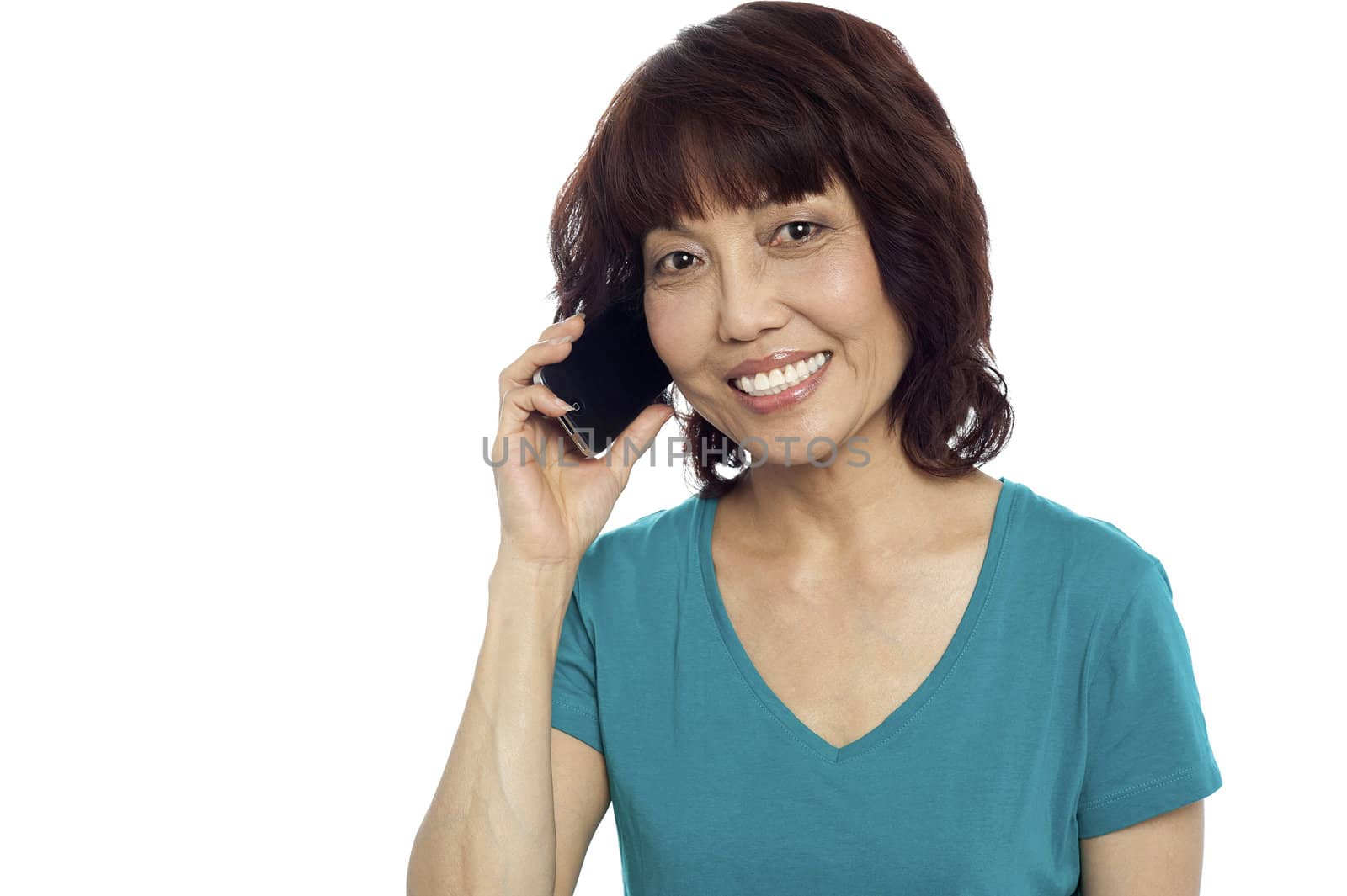Pretty woman communicating on phone isolated against white background