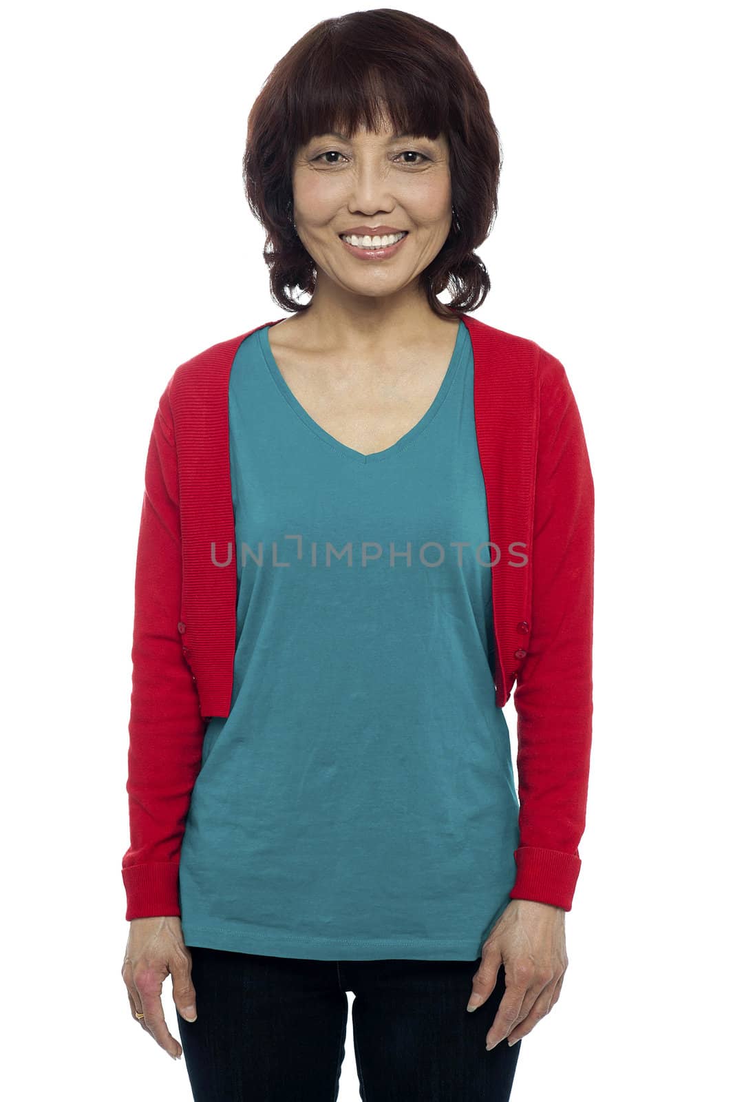 Casually portrait of smiling asian beauty against white background