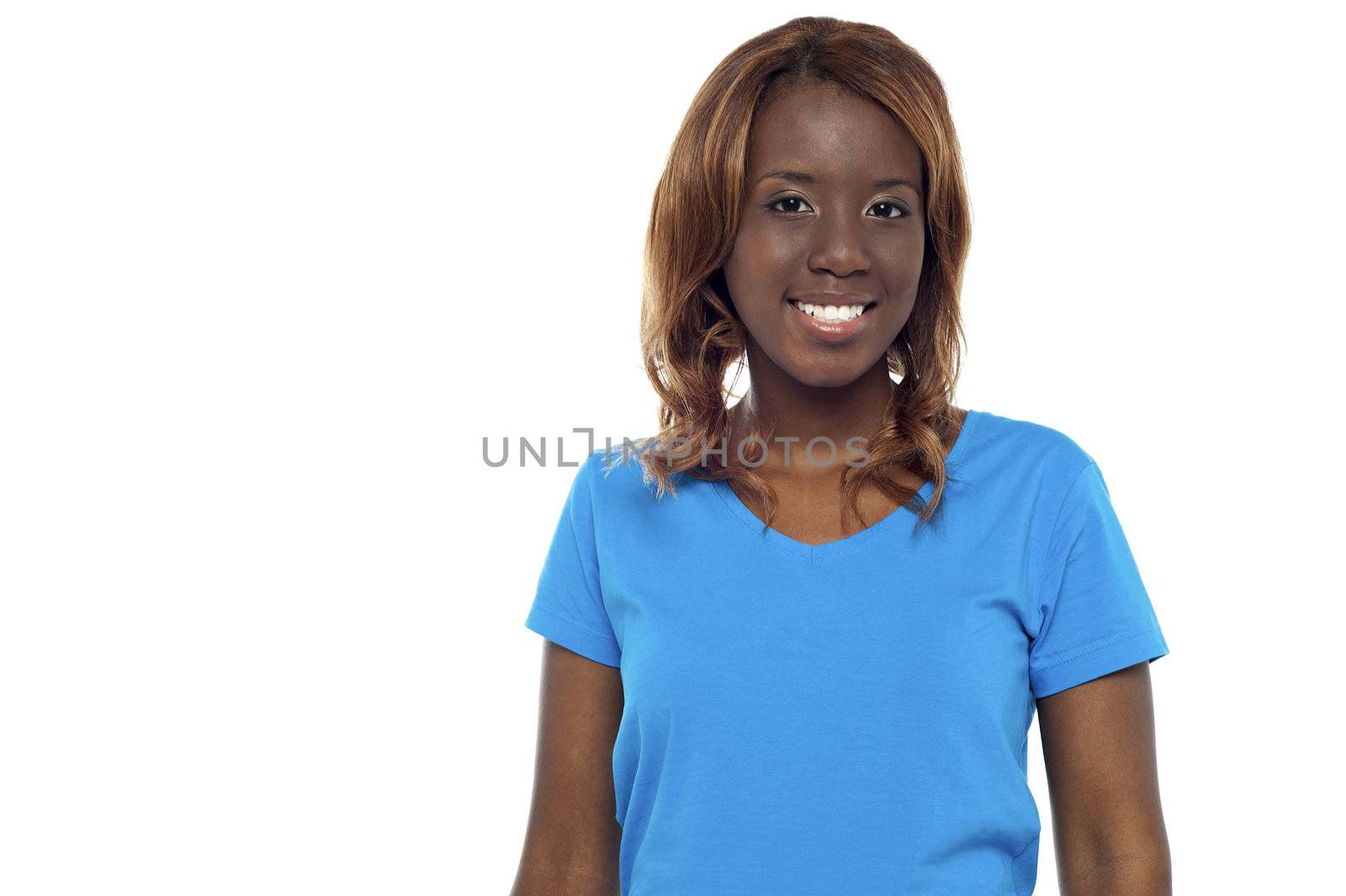 Half length picture of smiling african girl isolated on white
