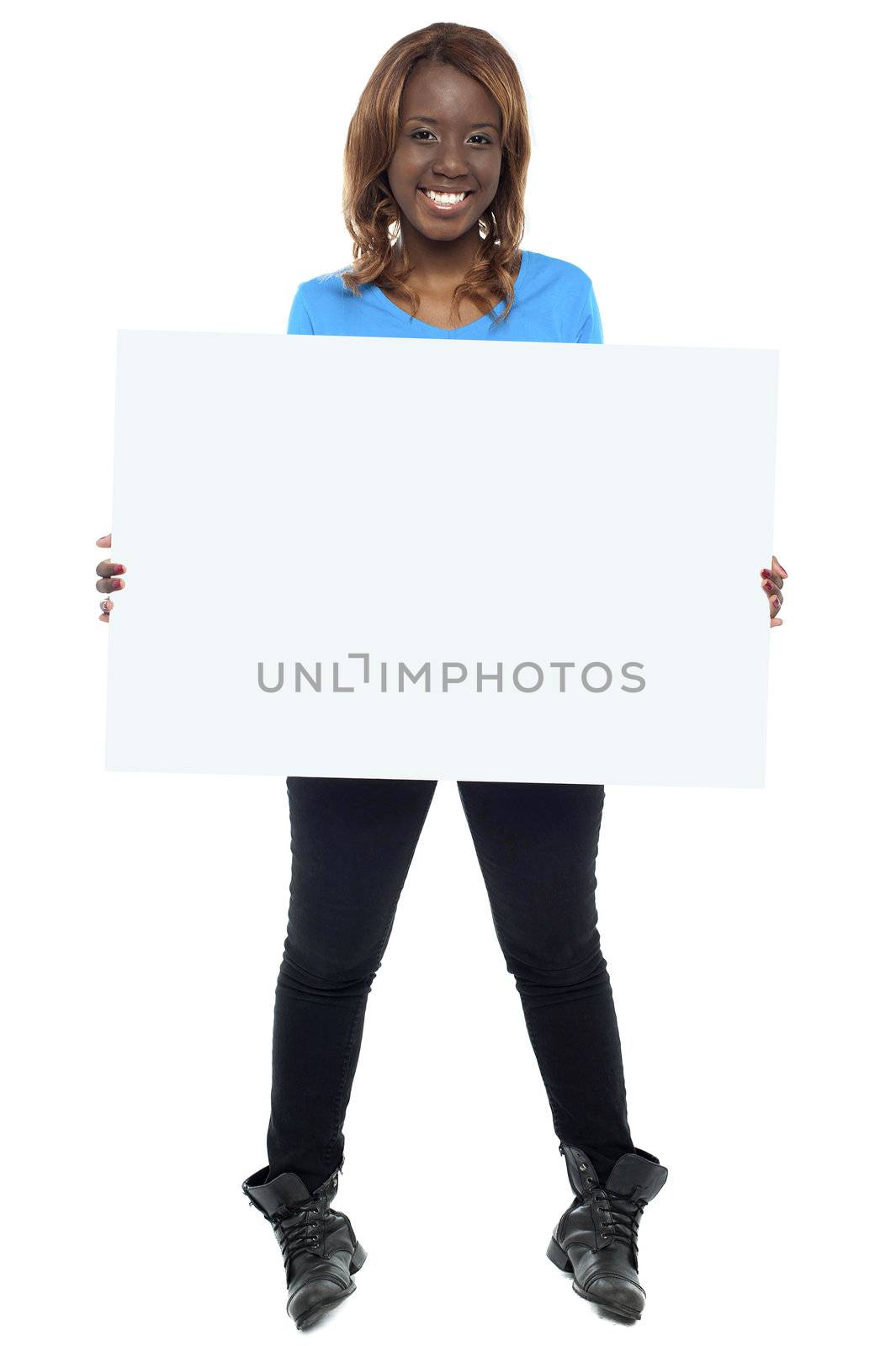 African girl model holding blank billboard. Full length shot