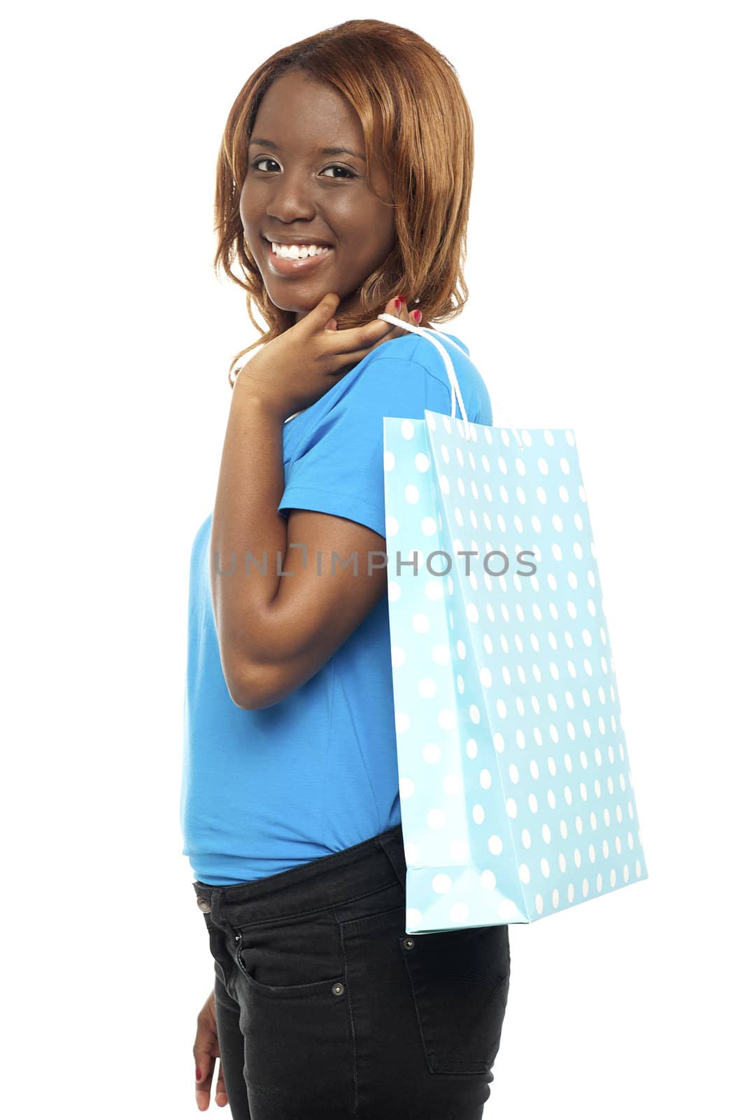 Satisfied lady shopper with shopping bag isolated on white background